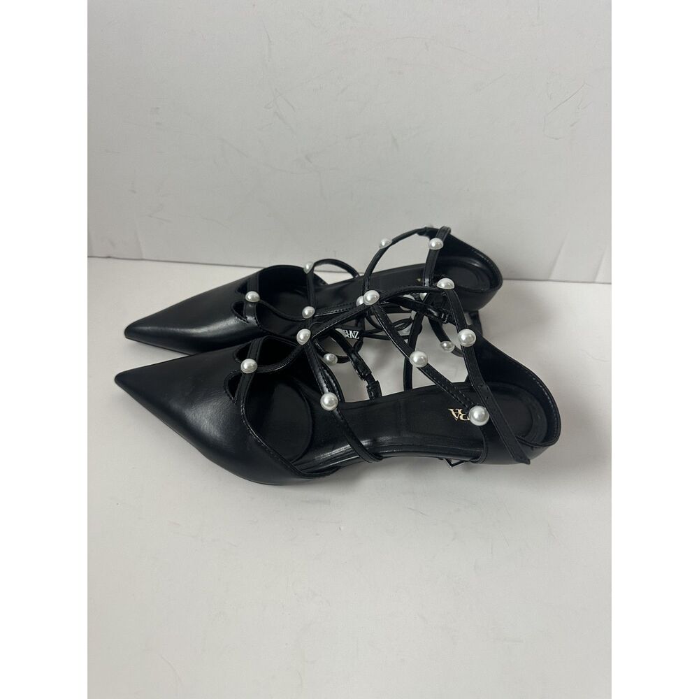 Zara Black Strappy Slingback Pearl Kitten Heels